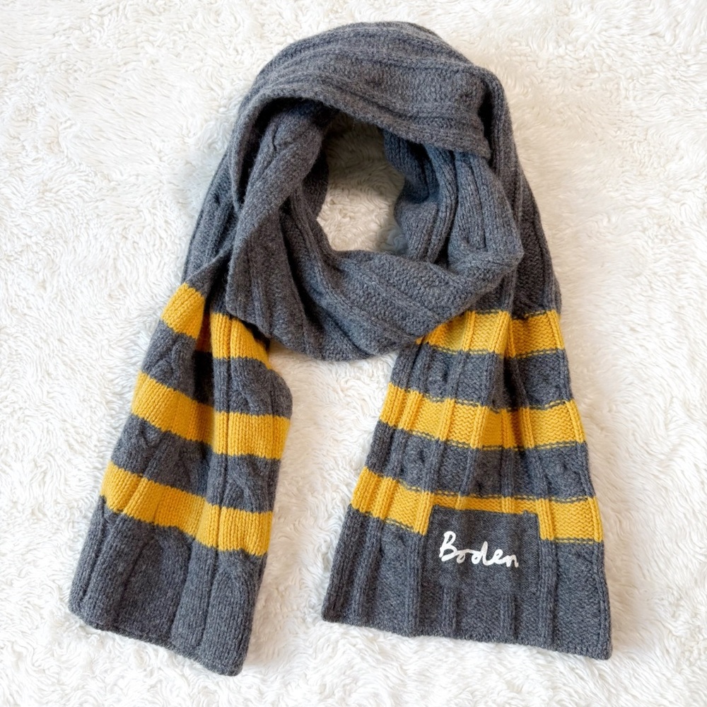 Boden Unisex Gray Wool Yellow Cable Knit Scarf Classic Academia Preppy Cozy